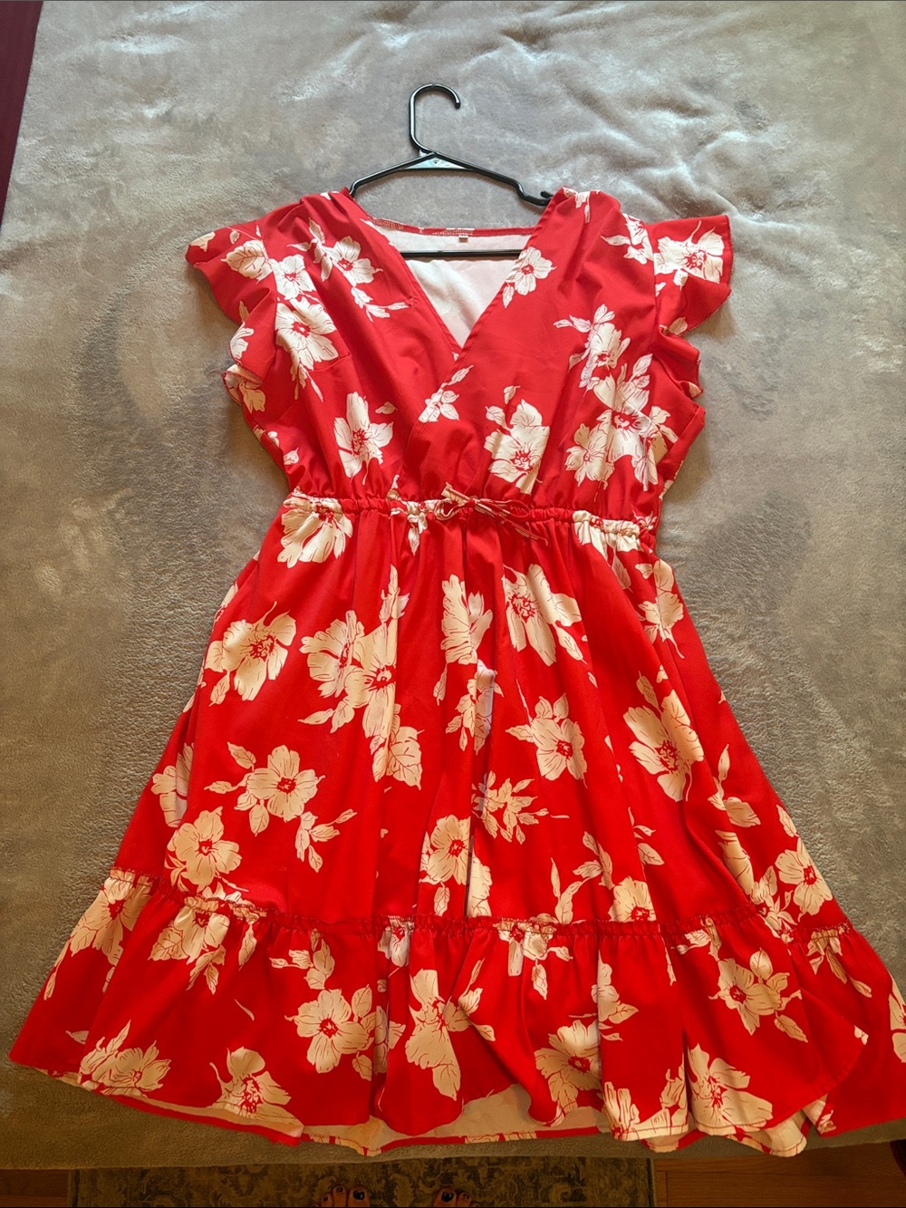 SHEIN Red Floral Midi Dress with Cream Flower Print